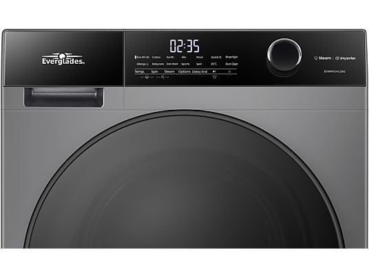 Everglades wasmachine EVWM91412AG - Titanium Grijs, 1200 tot 1600 toeren, Energieklasse A of zuiniger, 8 tot 10 kg, Nieuw