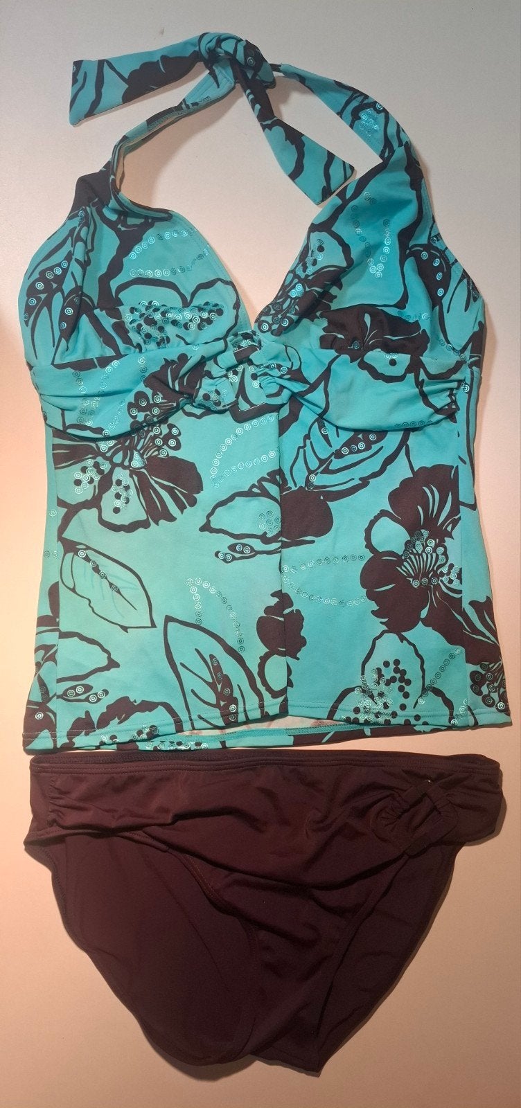 Turquoise tankini met bloemenprint. Maat 40., Kleding | Dames, Badmode en Zwemkleding, Meerkleurig, Ophalen of Verzenden, Bikini