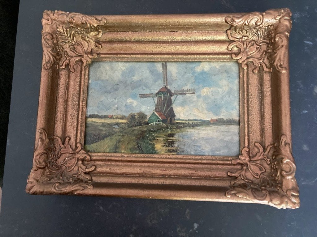 Klein klassiek schilderij. Molen aan het water. Gesigneerd., Antiek en Kunst, Paneel, Ophalen of Verzenden, Landschap, Olieverf