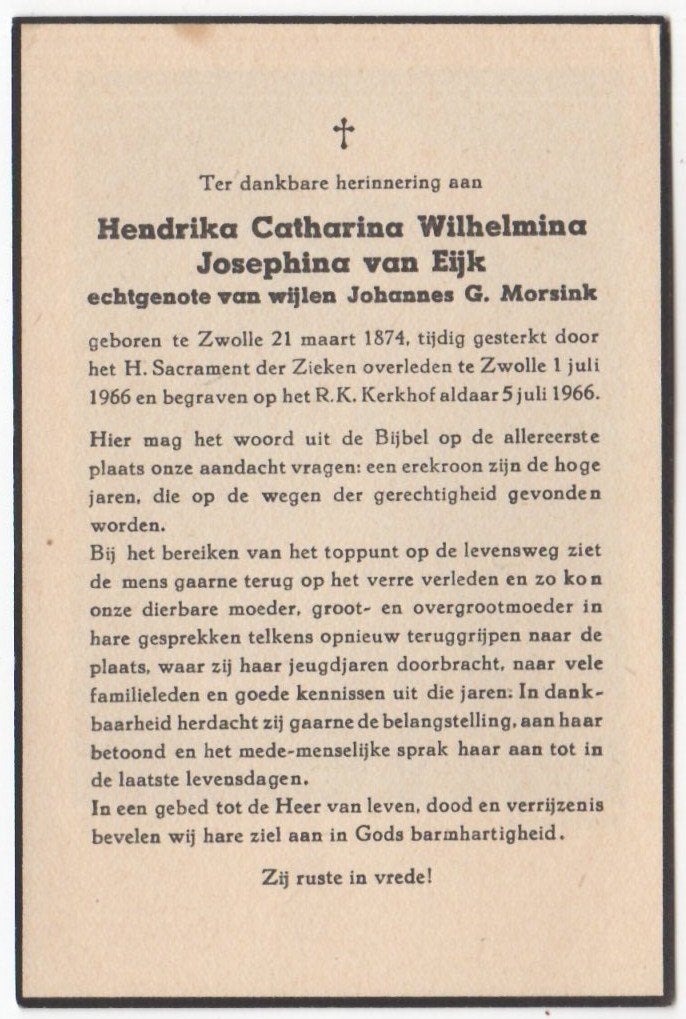 Hendrika C.W.J. van Eijk 1874 Zwolle + 1966 Zwolle, 92 jaar, Verzamelen, Bidprentjes en Rouwkaarten, Ophalen of Verzenden