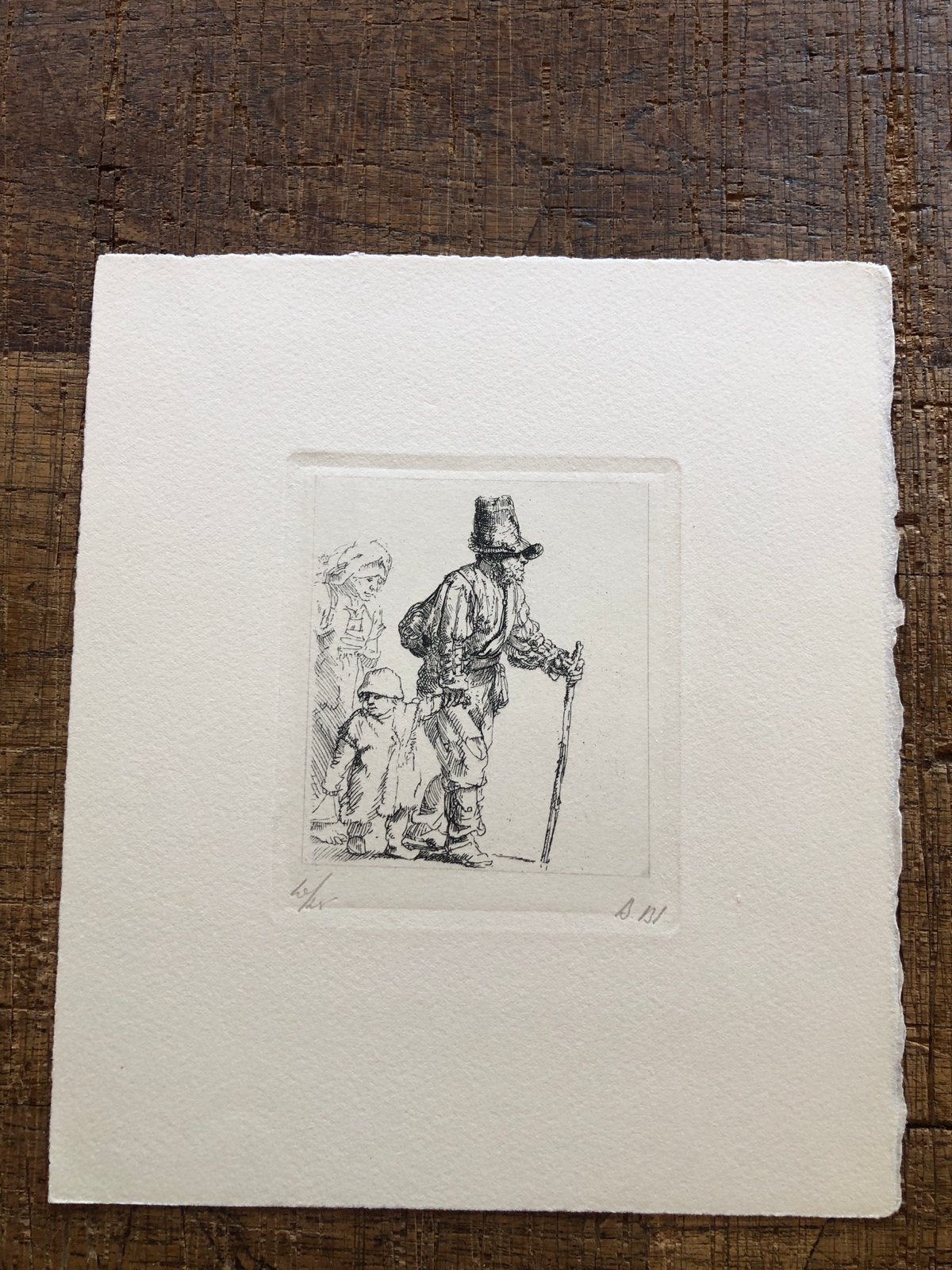 Ets van een man, vrouw en kind Rembrandt, Dagelijks leven, Ets, Origineel, 1600 - 1699