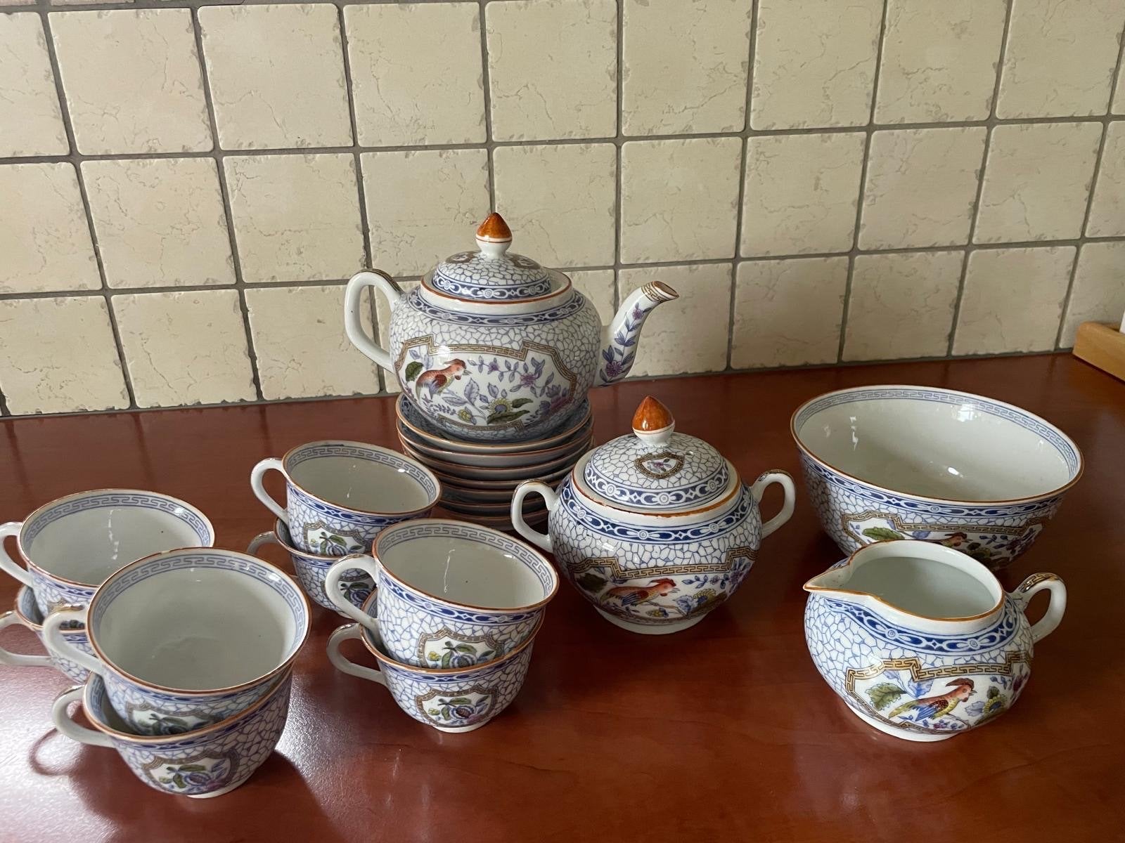 Prachtig Chinees porseleinen theeservies met vogelmotief, Ophalen of Verzenden
