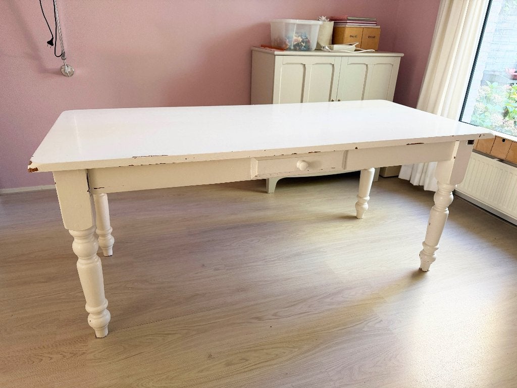 GRATIS: Grote witte houten tafel eettafel bureau 180 x 80 cm, Ophalen, Gebruikt, Landelijk klassiek, 50 tot 100 cm