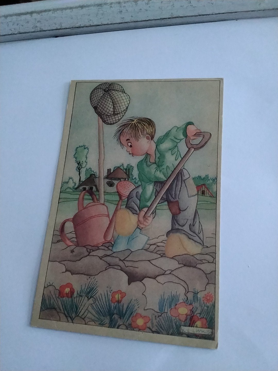 Oude kaart: Jongen met schep en vlindernet (1945) Karel Link, Verzamelen, Ophalen of Verzenden