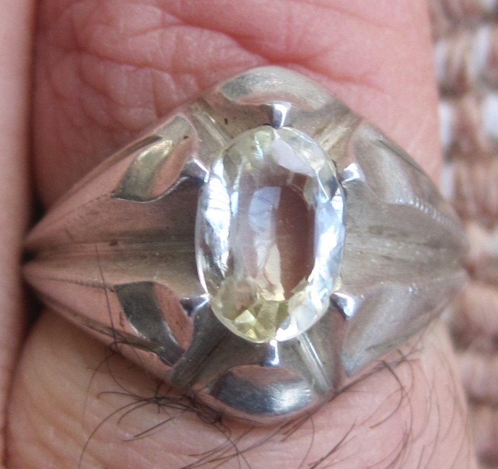 Saffier 3,4krt 100% natuurlijk vintage ring ca1970 zilver950, Ophalen, Geel, Zo goed als nieuw, 17 tot 18