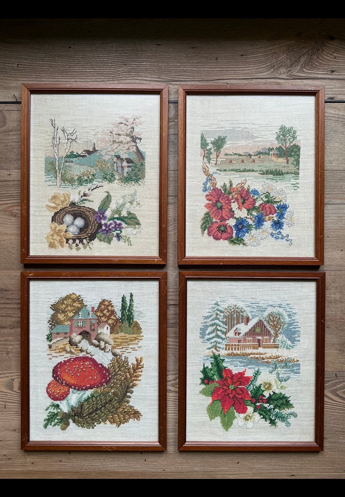 4 Borduurwerken voorstellend de lente, zomer, herfst, winter, Ophalen of Verzenden