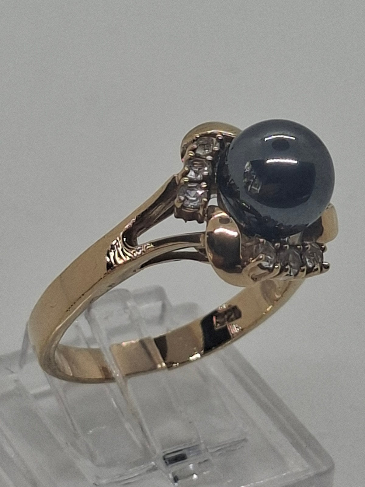 Goud vergulde zilveren ring 925 met zwarte parel en Zirkonia, Met strass, 18 tot 19, Ophalen of Verzenden, Zo goed als nieuw