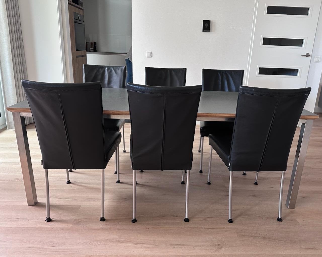 Eethoek Tafel (90x200cm) met 6 Bert Plantagie stoelen, Ophalen, Gebruikt, 6 tot 8 stoelen