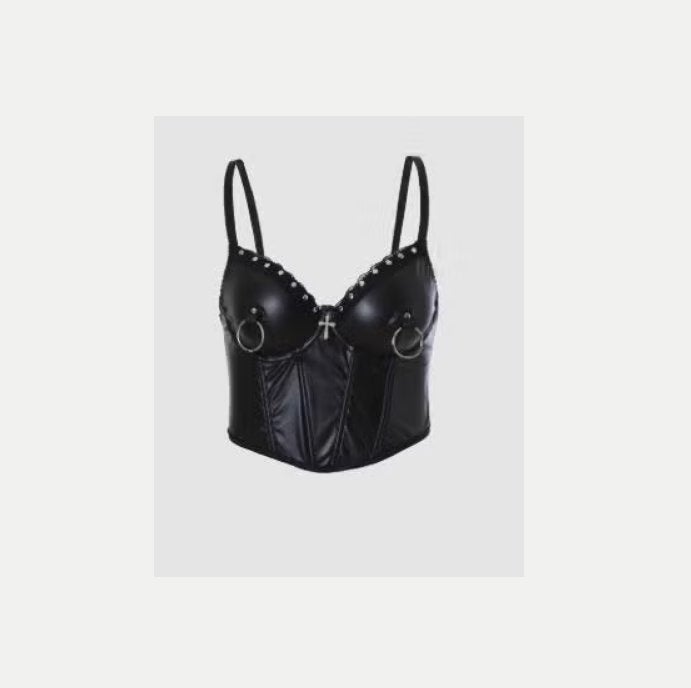 Punk sexy leren haltertop zwart met ringen