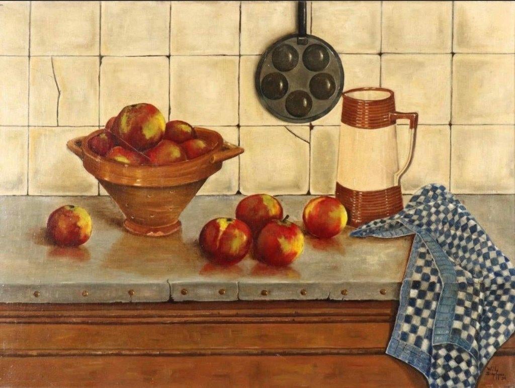 Willy Schepper, Stilleven met appels, een kruik en vaatdoek, Ophalen