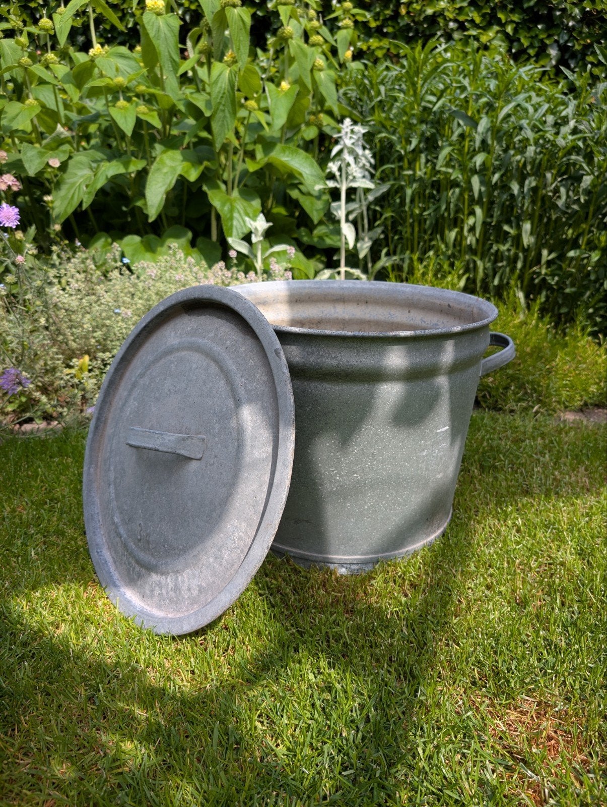 Zinken wasemmer met deksel - 35 cm diameter, Ophalen, Gebruikt, Landelijk, Metaal