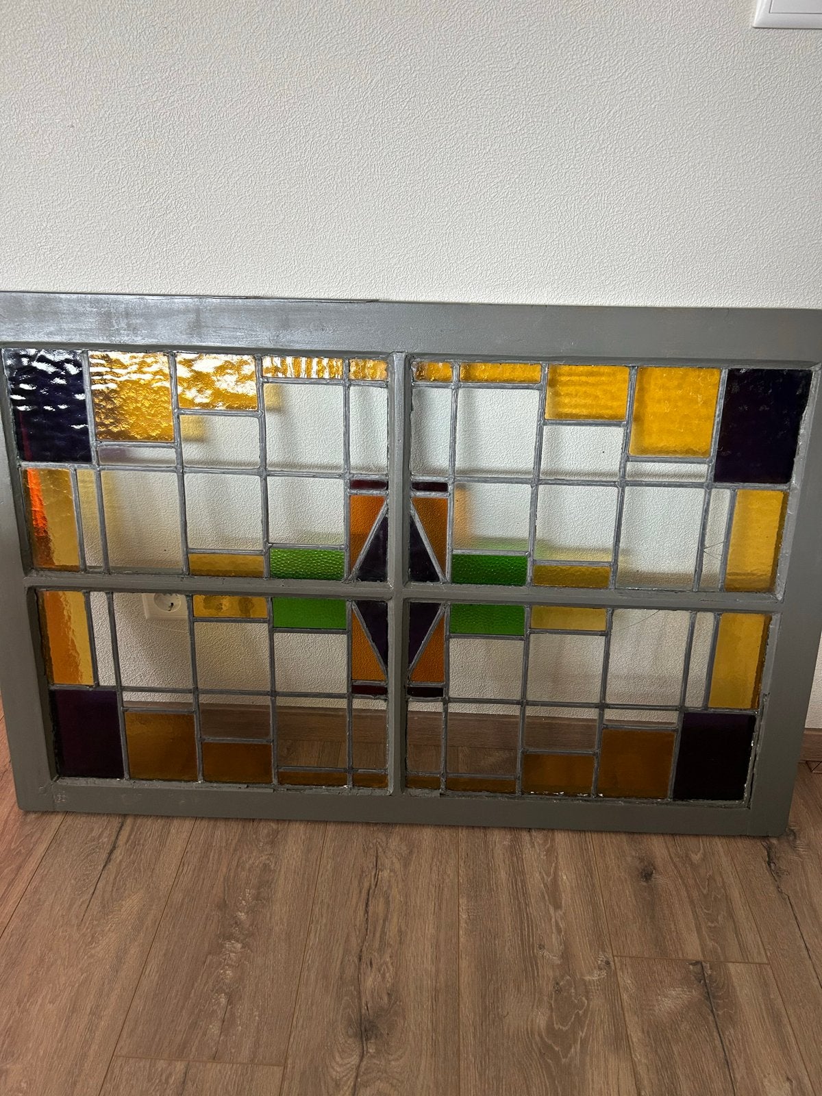 Uniek glas in lood raam - Geel,oranje,groen, paars, Ophalen, Gevelraam of Ruit, Gebruikt, Glas in lood