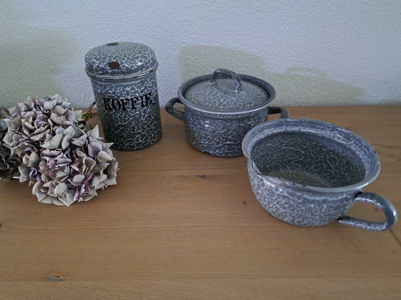 Emaille koffiebus kleine pannetjes grijsgewolkte zie beschr, Ophalen of Verzenden