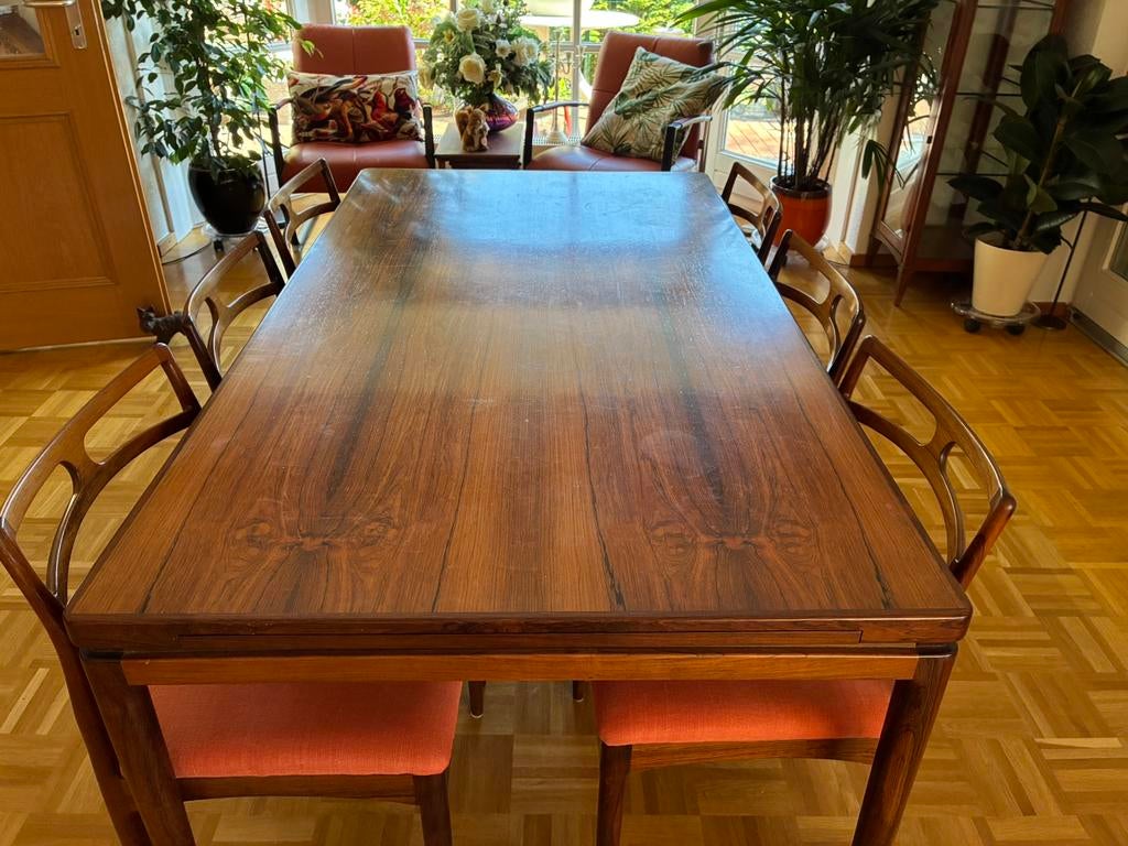 Eethoek Johannes Andersen palissander 6stoelen Deens vintage, Huis en Inrichting, Tafels | Eettafels, Ophalen, 200 cm of meer