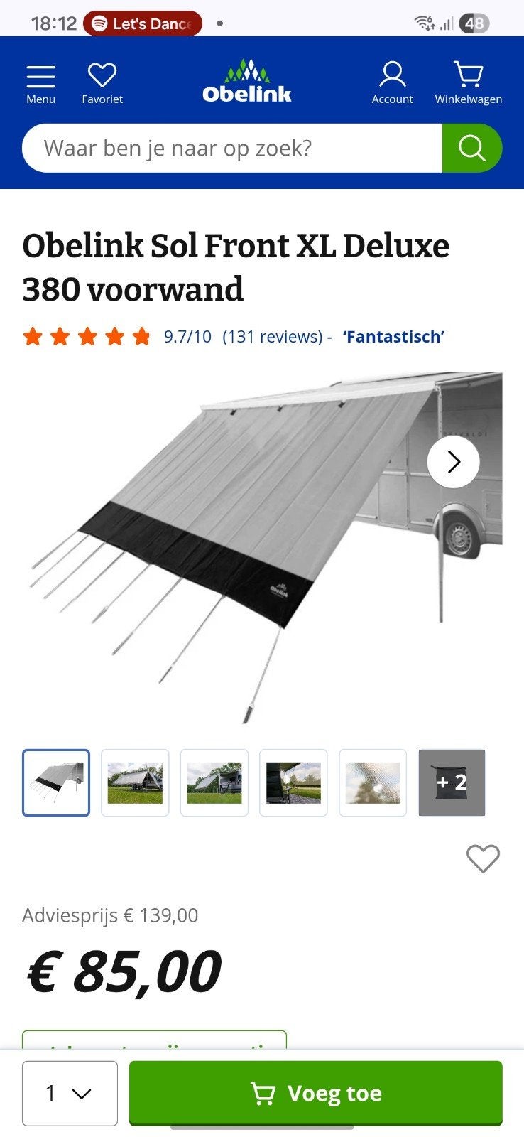 Obelink Sol Front XL Deluxe 380 voorwand zonnescherm camper, Ophalen of Verzenden, Zo goed als nieuw