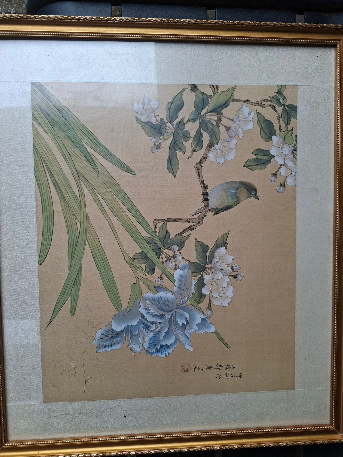 Oosters schilderij met vogel en bloemen in lijst, Dieren, Ophalen of Verzenden, Tekening, Klassiek
