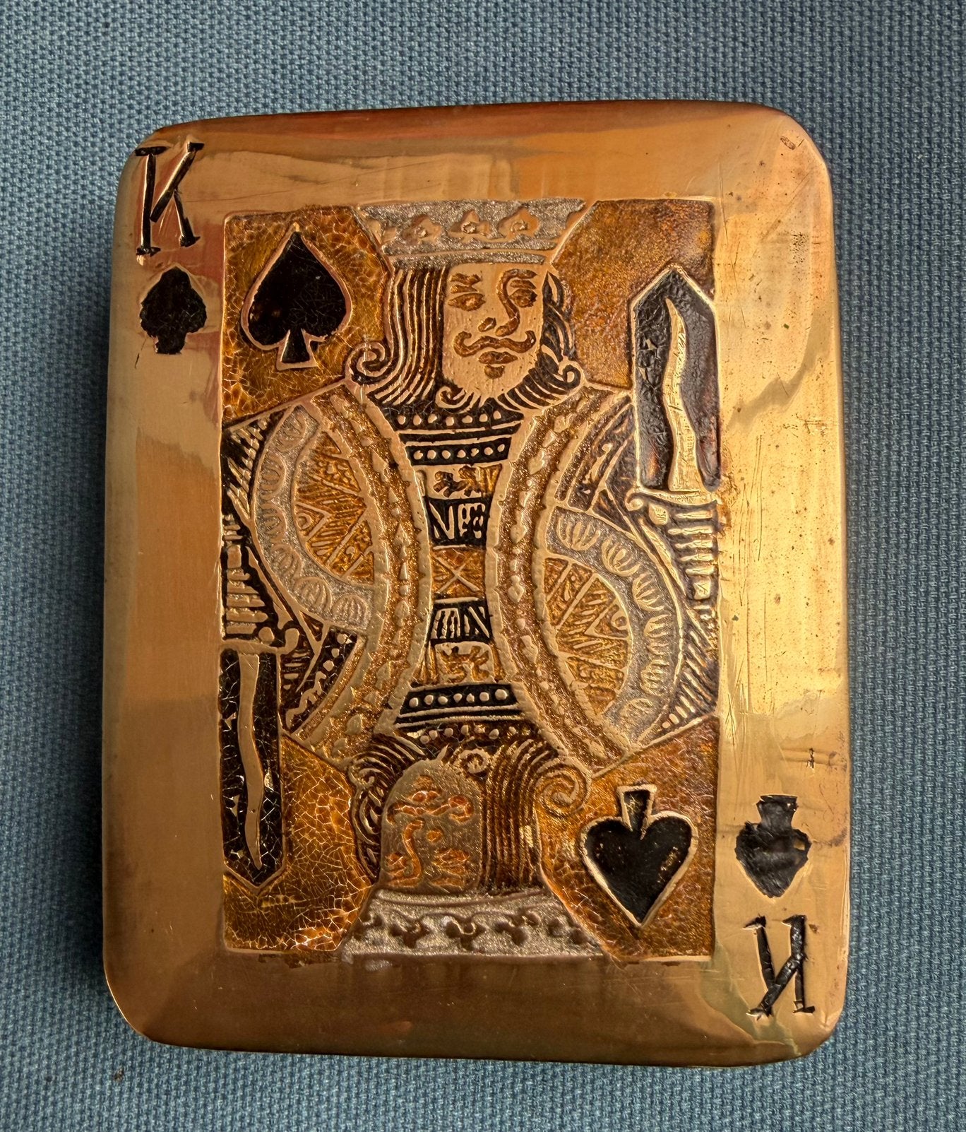 Koperen Kaartspelhouder met Koning Schoppen Design, Antiek en Kunst, Ophalen of Verzenden