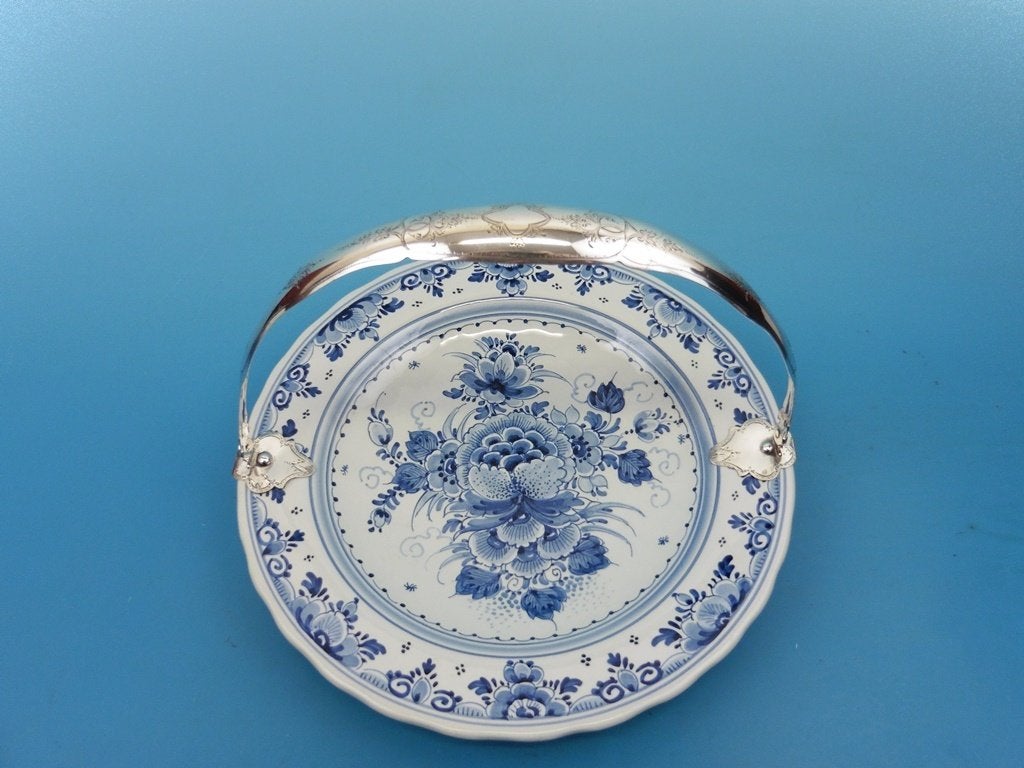 Delfts blauw bord met zilveren handvat, Ophalen of Verzenden