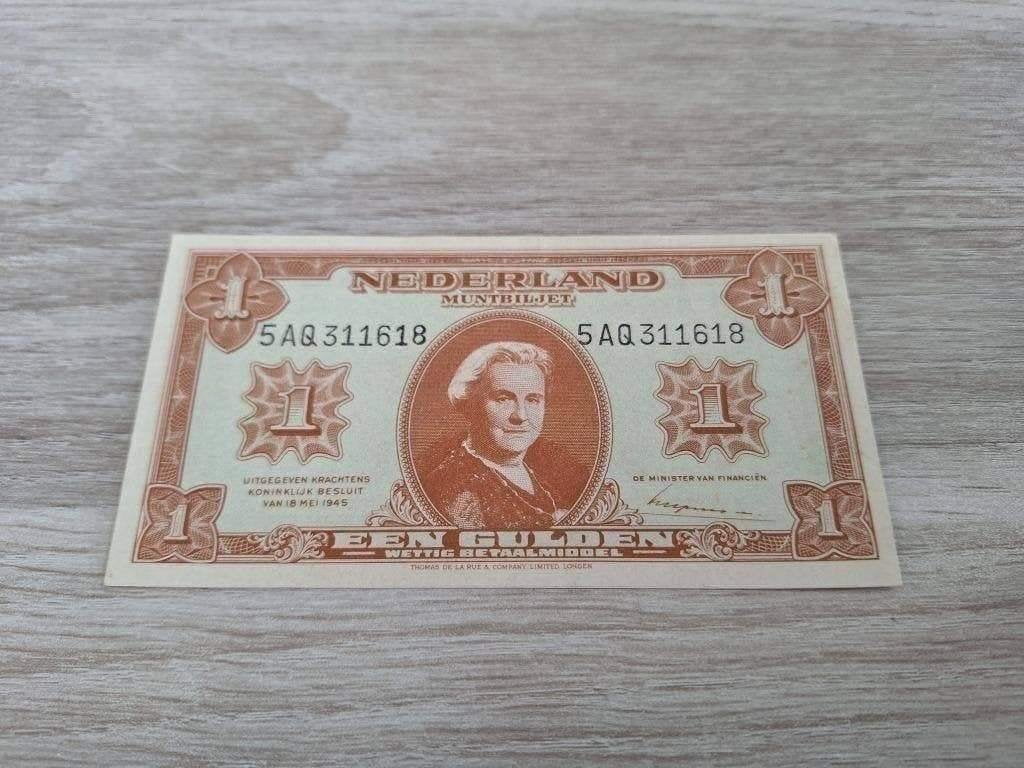 Bijna UNC biljet 1 gulden 1945, lastige variant PL6c2, Postzegels en Munten, Bankbiljetten | Nederland, Ophalen of Verzenden