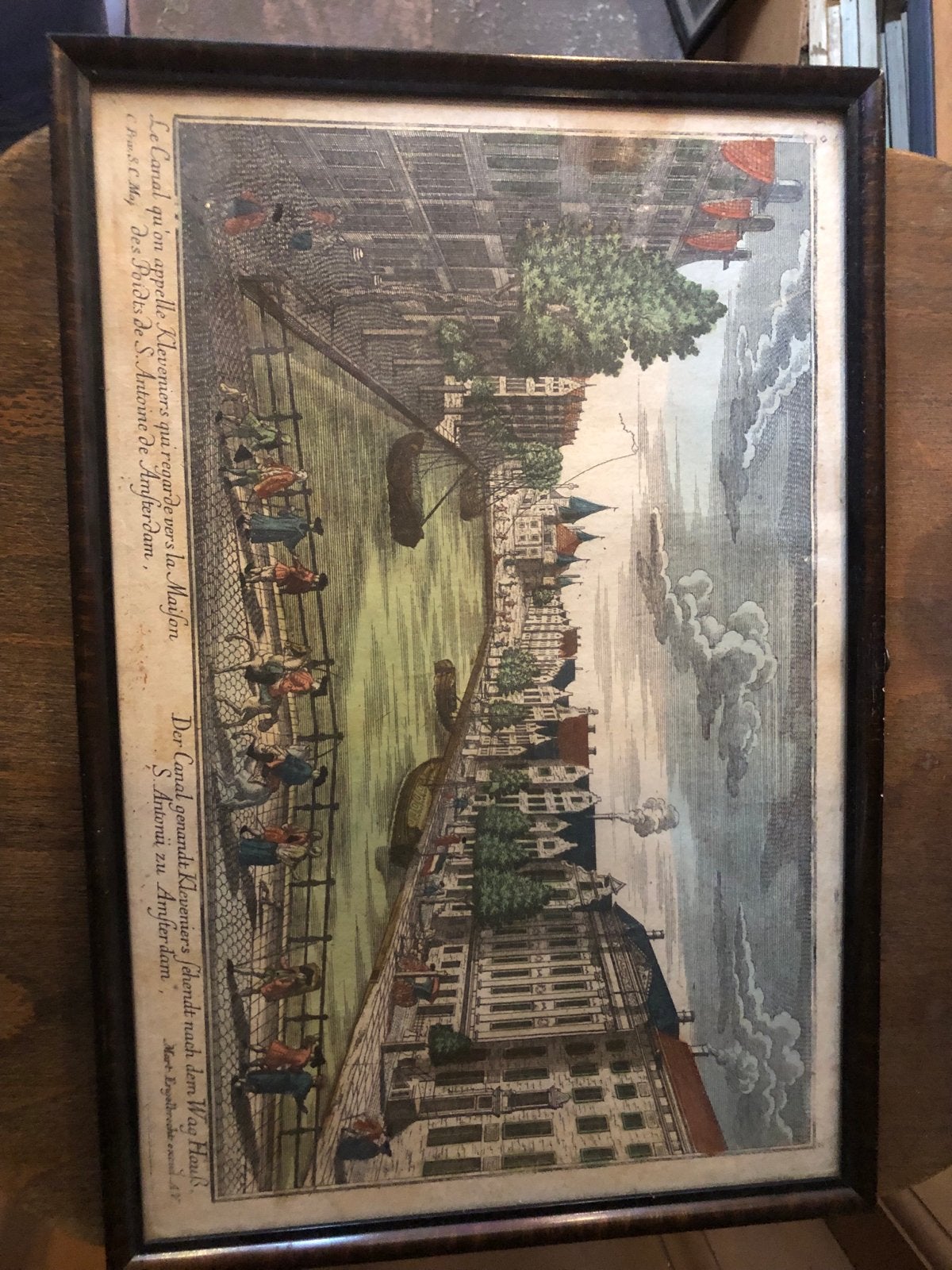 Antieke ets van de Kleversburgwal met het Waaggebouw, Handgekleurd, Ets, Stadsgezicht, Ophalen of Verzenden