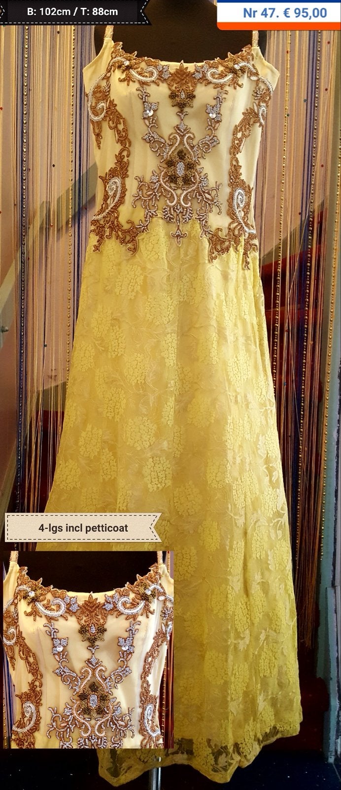 Geel avondjurk met gouden borduursels en petticoat, Geel, Maat 42/44 (L), Nieuw, Ophalen of Verzenden