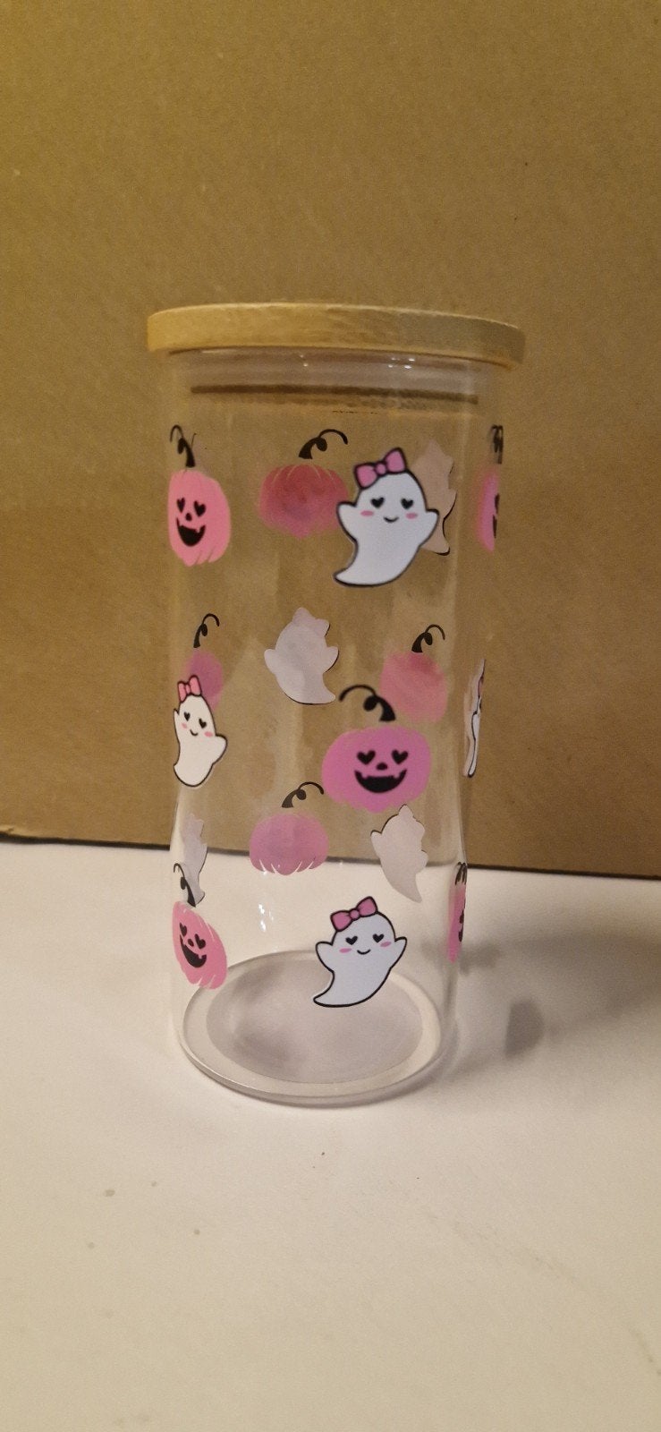 Glazen drinkbeker met Halloween-thema en bamboe deksel, Ophalen of Verzenden