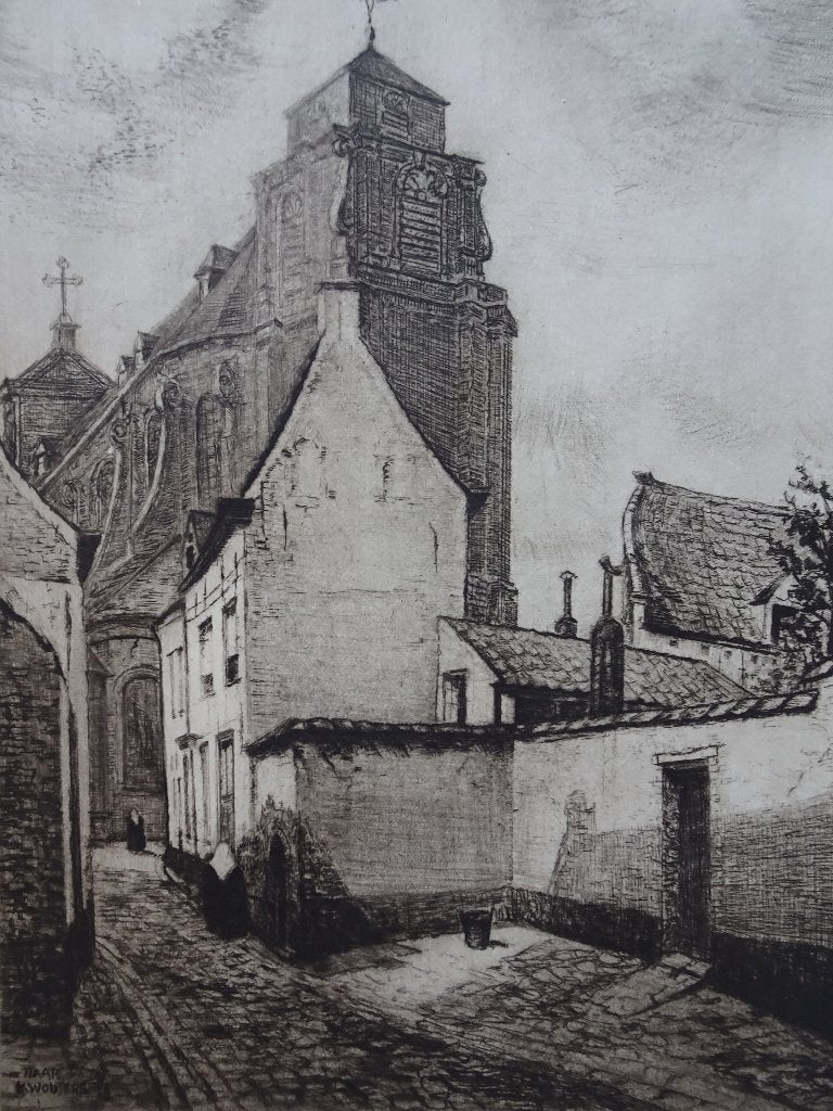 Ets straatje en kerk Mechelen, Jean Baptiste Coene II, 1920, Antiek en Kunst, Kunst | Etsen en Gravures, Ets, Stadsgezicht, Ophalen of Verzenden
