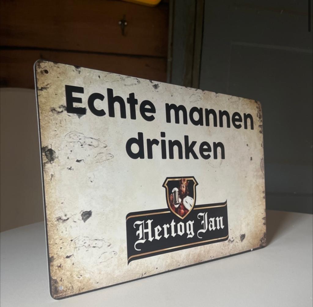Metalen bord Hertog Jan - "Echte mannen drinken", Vintage, Meerkleurig, Xx, Ophalen of Verzenden