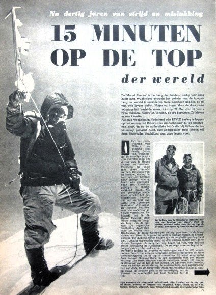Artikel over beklimming Mount Everest 1953 Hillary klimmen, Ophalen of Verzenden, 1940 tot 1960, Tijdschrift