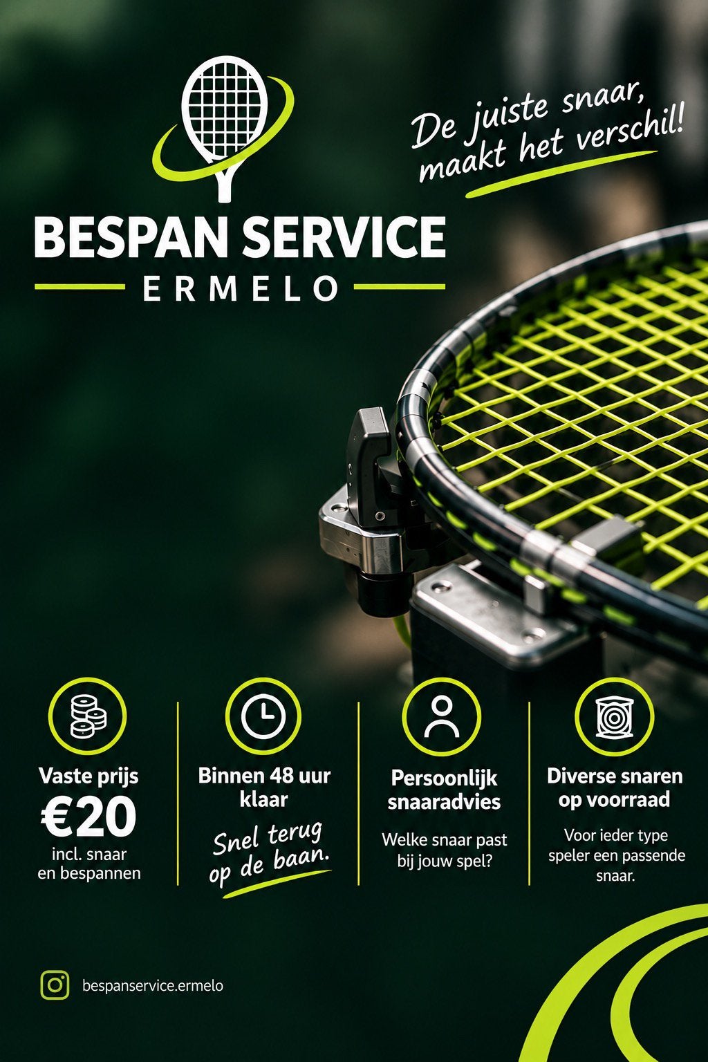 Racket bespanservice omgeving Ermelo *BINNEN 48 UUR KLAAR*, Grip of Snaar, Nieuw, Head, Ophalen