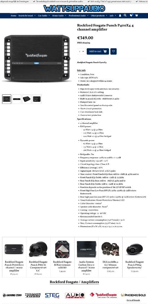 Rockford Fosgate Punch P400X4 4 kanaals versterker, Audio Design, Nieuw, Am Breilingsweg 3, 76709 Kronau, Duitsland, Ophalen of Verzenden