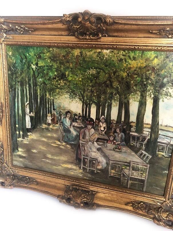Oude schilderij restaurant buiten olieverf op doek, Ophalen of Verzenden
