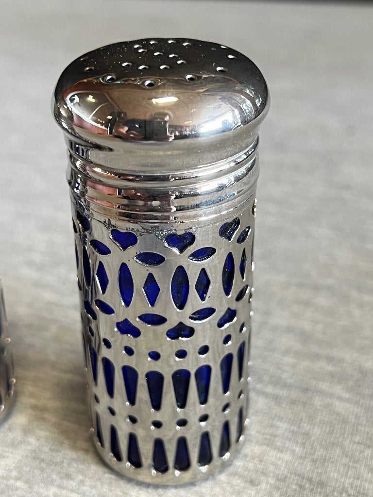 Verzilverd Peper en Zoutstel Blauw Glas, Ophalen of Verzenden