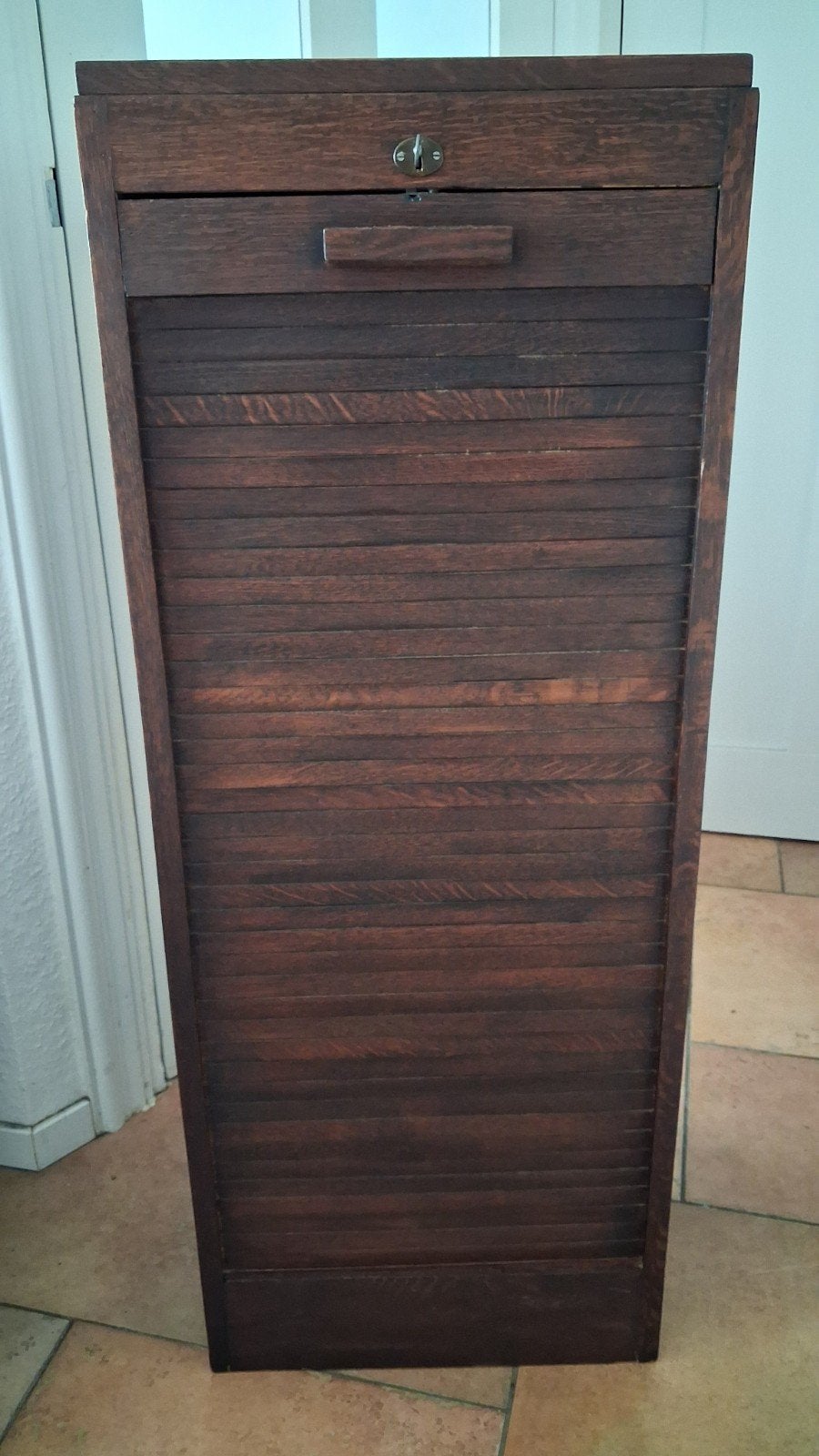 Vintage eiken rolluikkast / archiefkast, mid century, Ophalen, Minder dan 50 cm, Gebruikt, 100 tot 150 cm