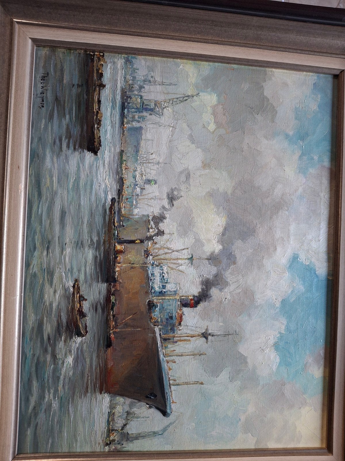 Olieverfschilderij havengezicht Theo Wiegman, Antiek en Kunst, Maritiem / water, Doek, Realistisch, Ophalen of Verzenden