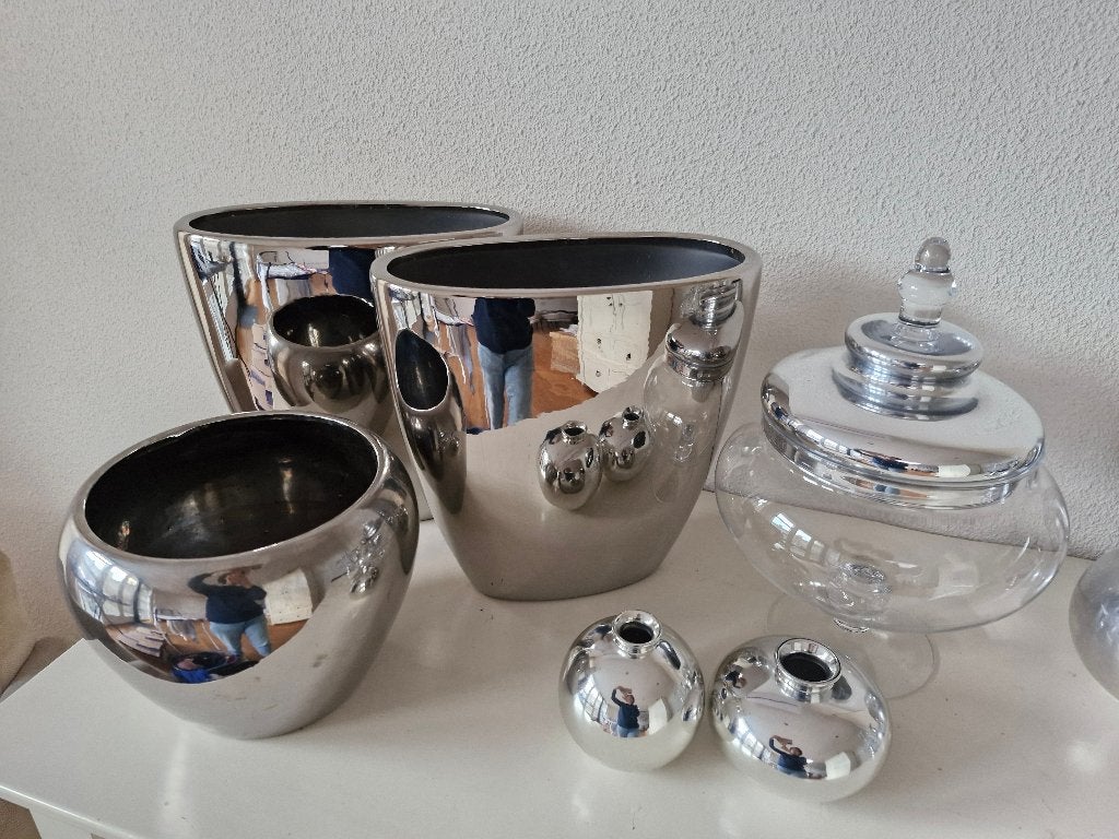 6-delige Zilverkleurige SET, vazen+glazen vaas SPOTPRIJS!, Ophalen, Zo goed als nieuw, Overige kleuren, Glas