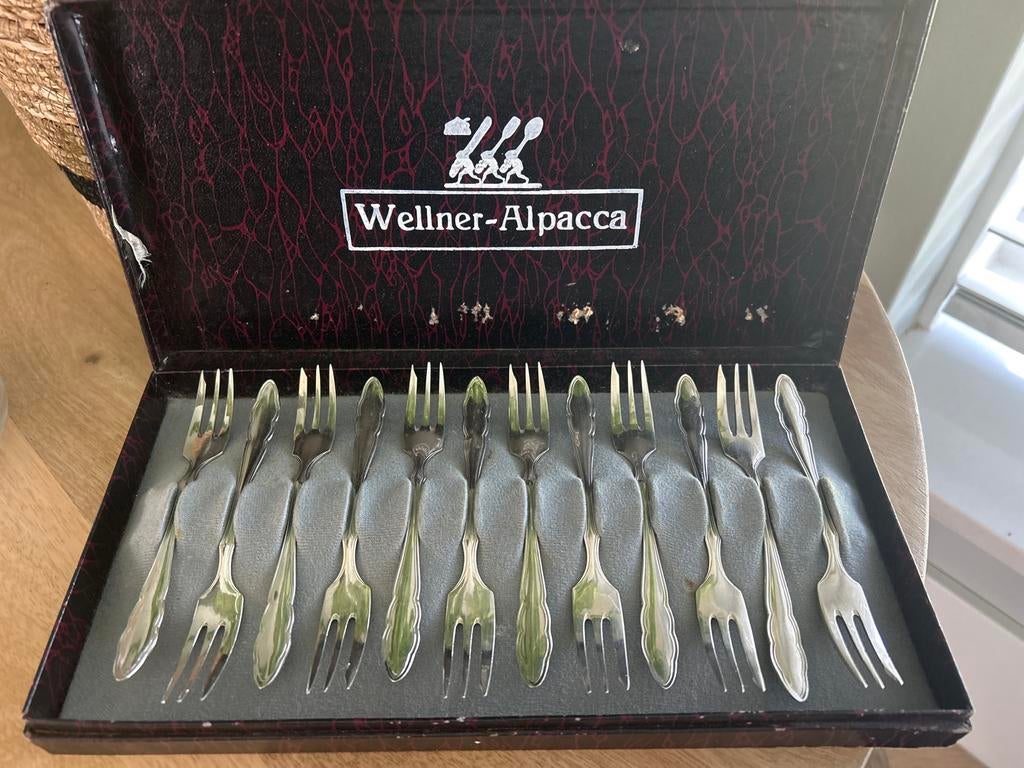 Wellner-Alpacca gebaksvorkjes set in originele doos, Antiek en Kunst, Antiek | Bestek, Ophalen of Verzenden