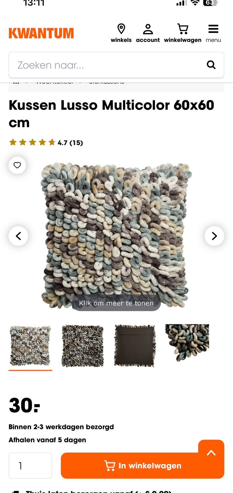 Groot woonkussen kwantum 60x60, Huis en Inrichting, Woonaccessoires | Kussens, Ophalen, Zo goed als nieuw, Vierkant