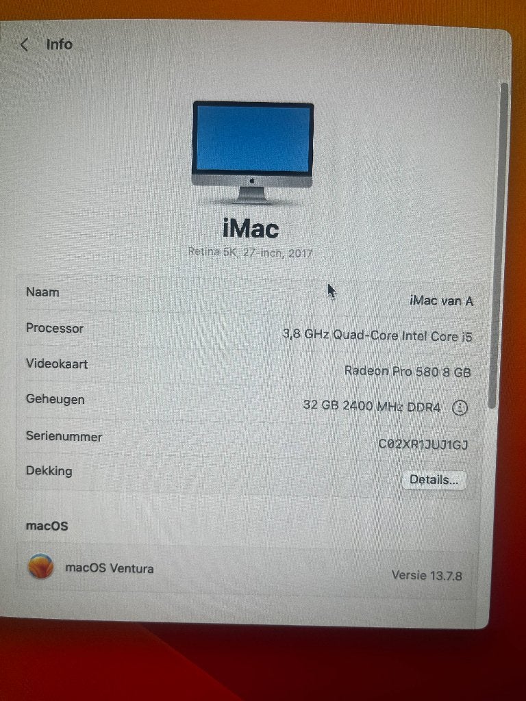 iMac 27 retina 5K (2017): i5, 3,8ghz, 2TB, 32gb, Computers en Software, Apple Desktops, Ophalen, Gebruikt, HDD en SSD, 32 GB