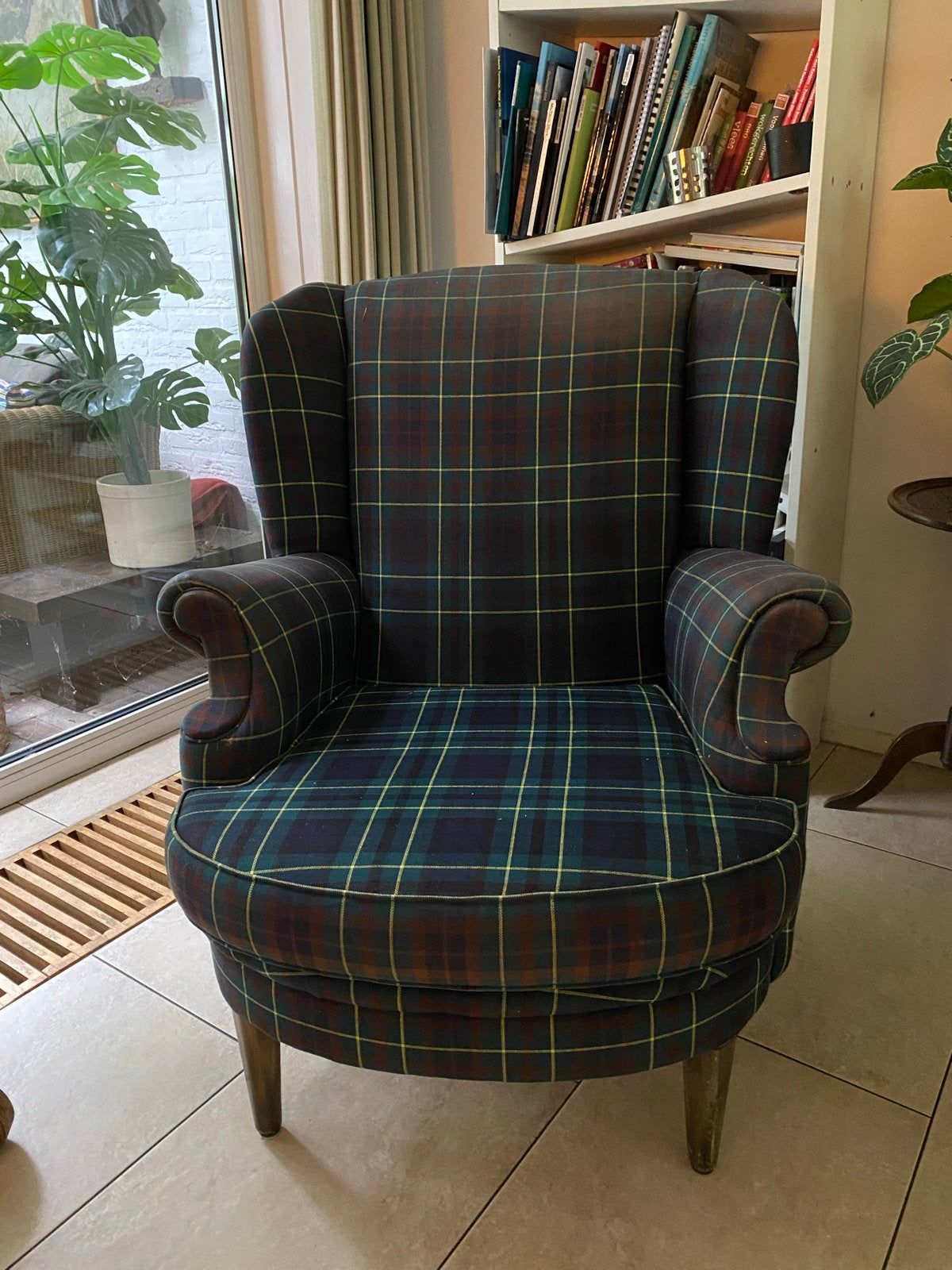 Klassieke Schotse Ruit Fauteuil - Comfortabel en Stijlvol, Ophalen, Gebruikt, Stof, 75 tot 100 cm