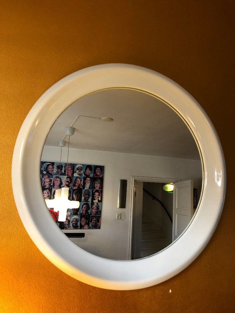 Prachtige porseleinen vintage spiegel, vintage design, Huis en Inrichting, Rond, Ophalen of Verzenden, Zo goed als nieuw, Minder dan 100 cm