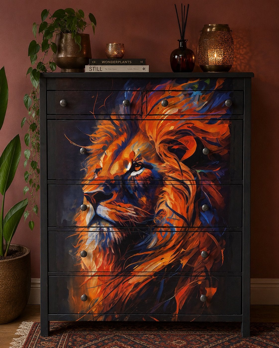 DESIGN Ladekast Leeuw 110cm - Upcycled Art Furniture, Ophalen, 100 tot 150 cm, 5 laden of meer, Boho