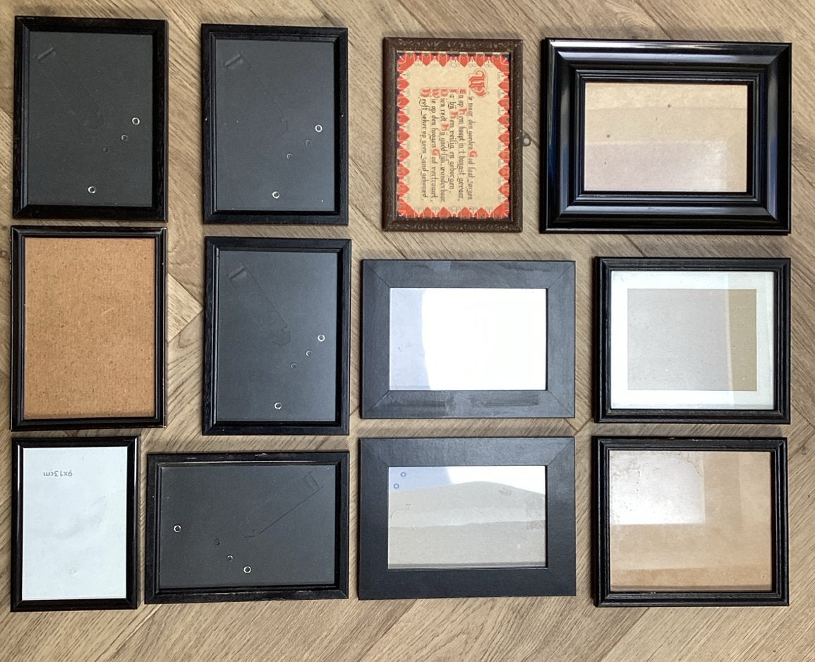12 Vintage Fotolijstjes, incl. 1x religieuze tekst jaren ‘00, Gebruikt, Ophalen of Verzenden, Fotolijst, Verwisselbare inhoud