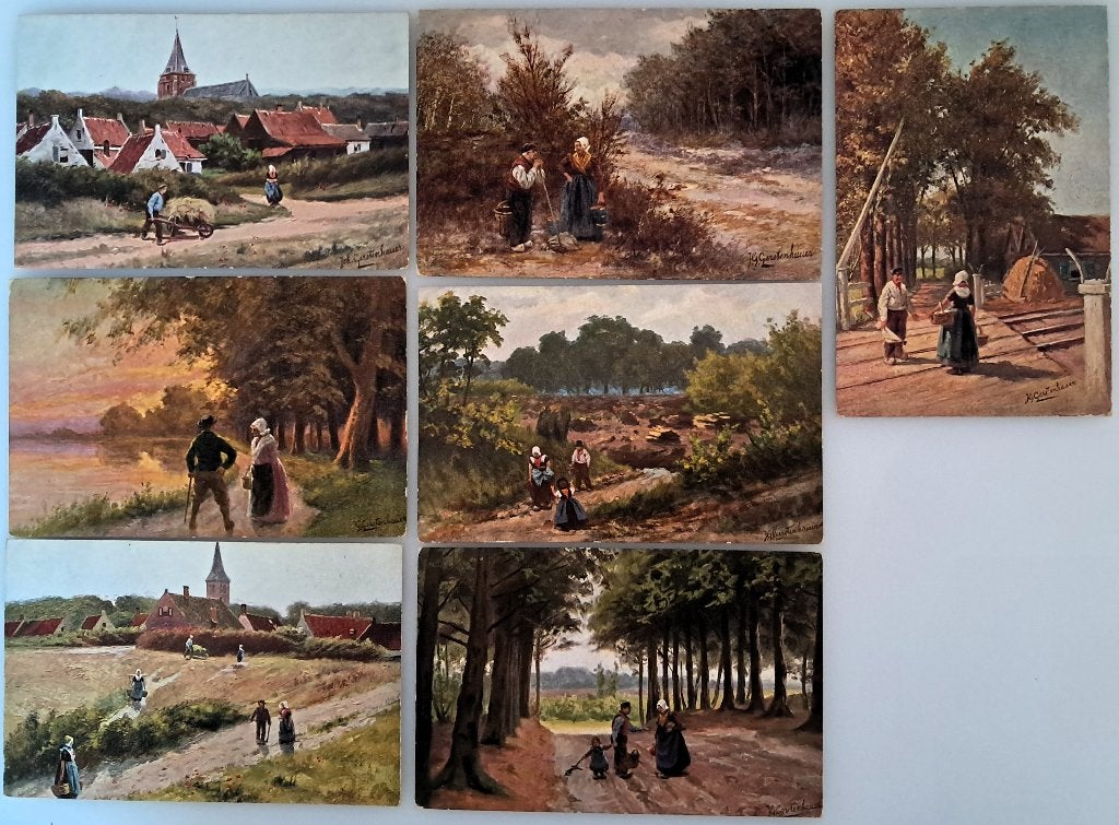 7 ansichtkaarten ongelopen klederdrachten in landschappen, Verzenden, Voor 1920, Ongelopen, Klederdracht
