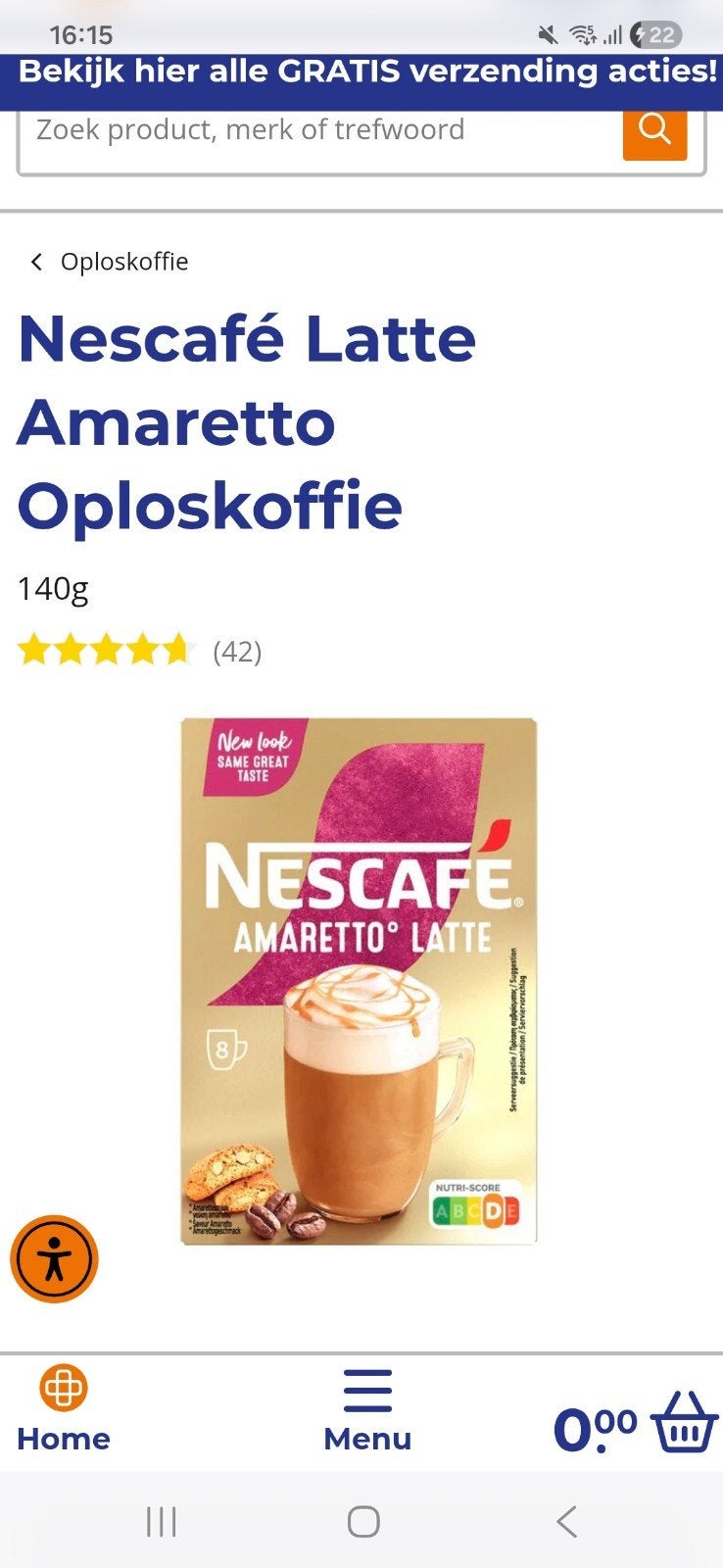 NESCAFE LATTE AMARETTO OPLOSKOFFIE, Ophalen of Verzenden