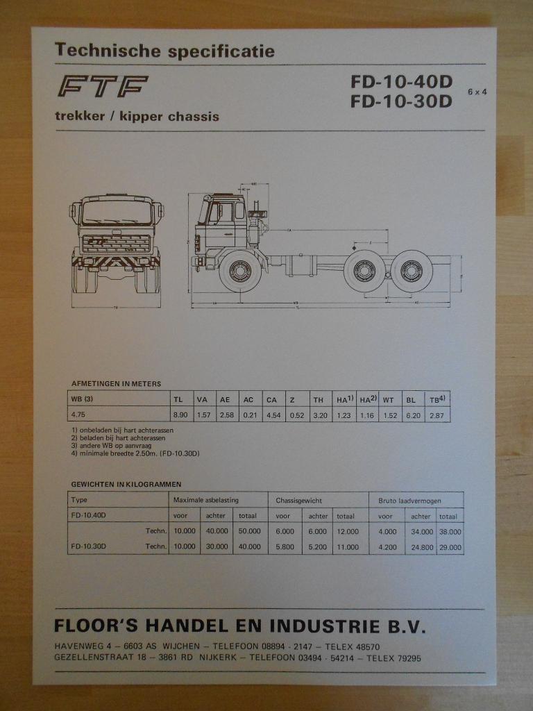 FTF 6x4 ca 1985 Technische Specificatie Brochure, FTF, Ophalen of Verzenden, Zo goed als nieuw, Overige merken
