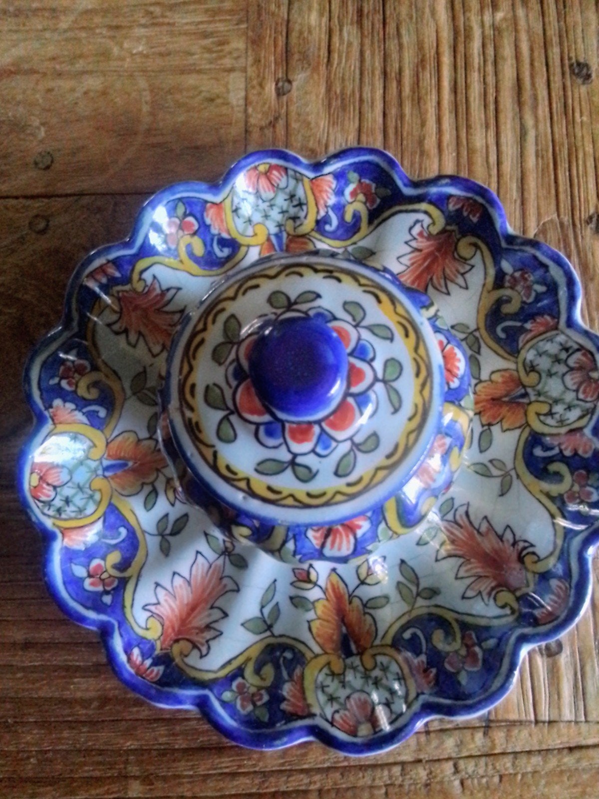 Antiek inktpotje met schotel, handgeschilderd, Frankrijk, Ophalen of Verzenden