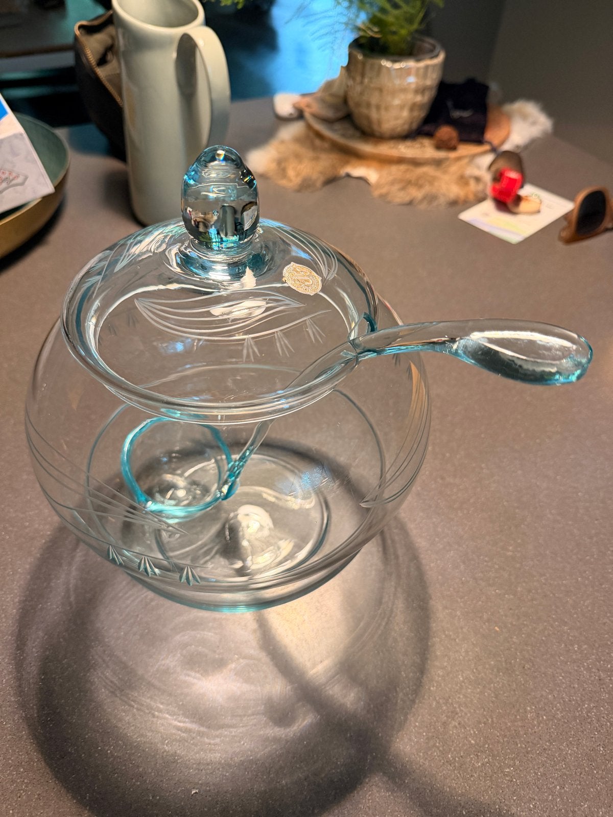 Vintage Glazen Punch Bowl Set met Pollepel en Deksel, Ophalen