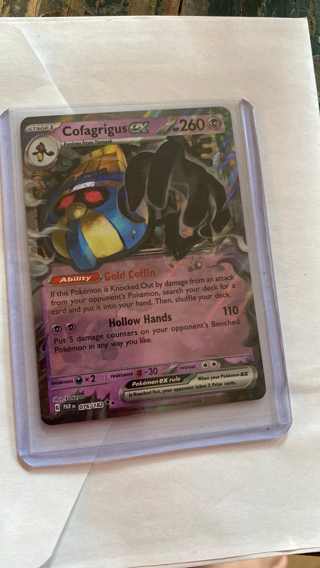 Cofagrigus ex Pokémon kaart 076/182 PAR, Ophalen of Verzenden, Zo goed als nieuw, Losse kaart