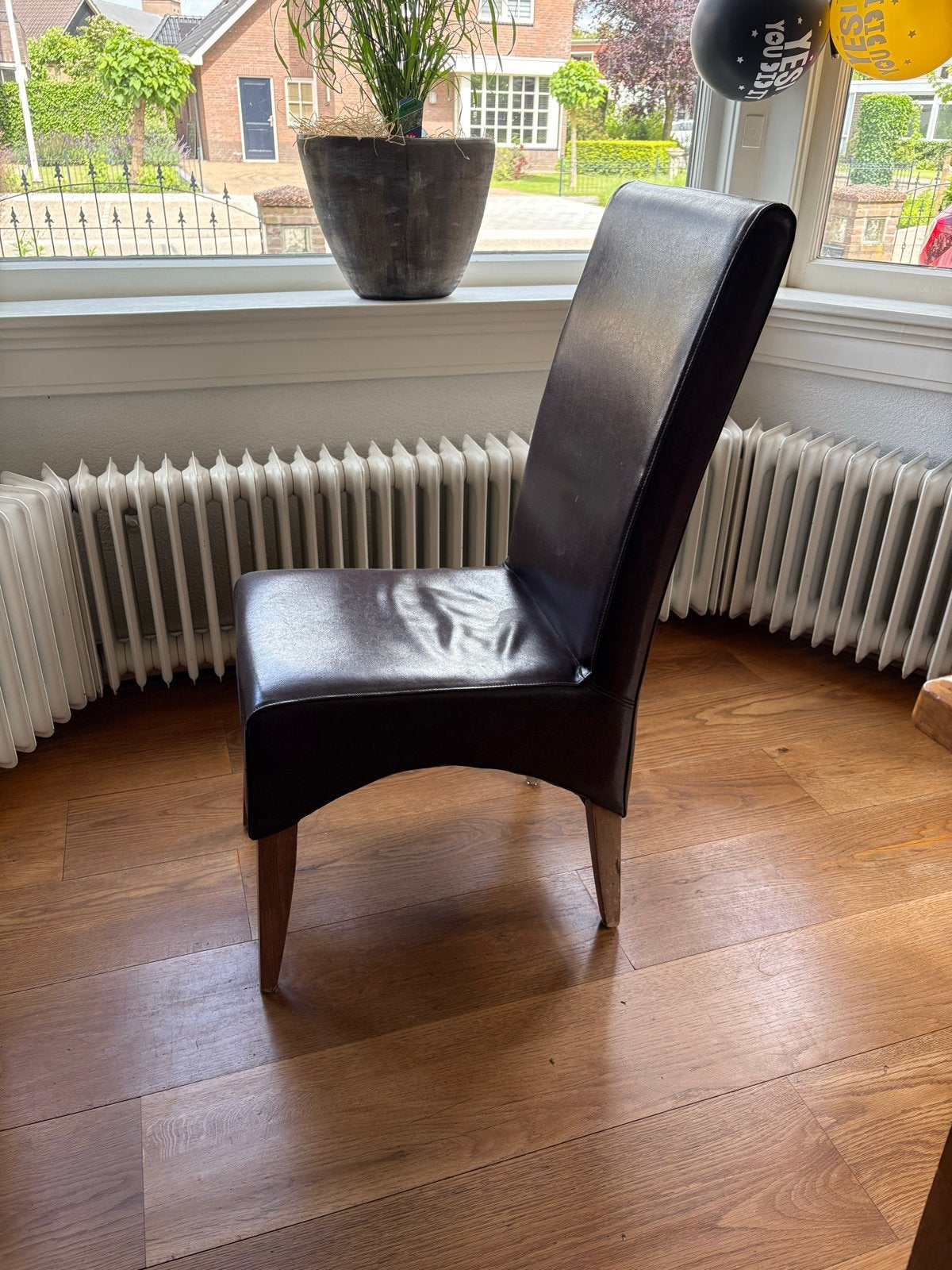 6 bruine leren eetkamerstoelen, Ophalen, Gebruikt, Bruin, Leer